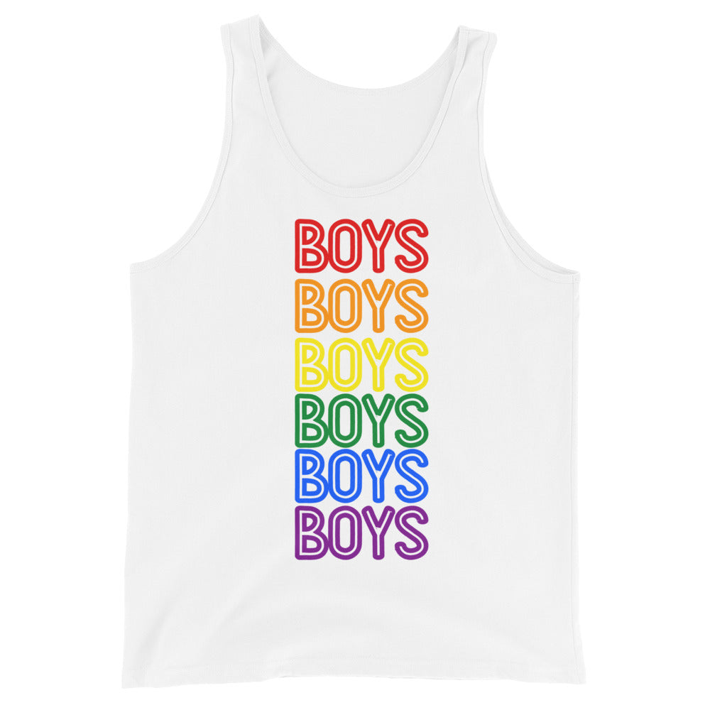 Unisex tank top with "BOYS" six times in bold rainbow outlines—red, orange, yellow, green, blue, purple—on white