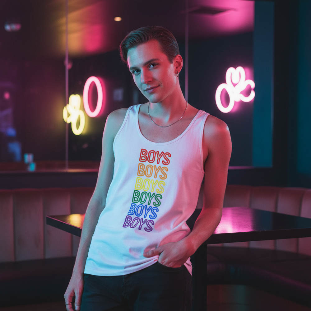 Boys Boys Boys Unisex Tank Top with bold rainbow lettering, worn by a short-haired person in a neon-lit queer bar