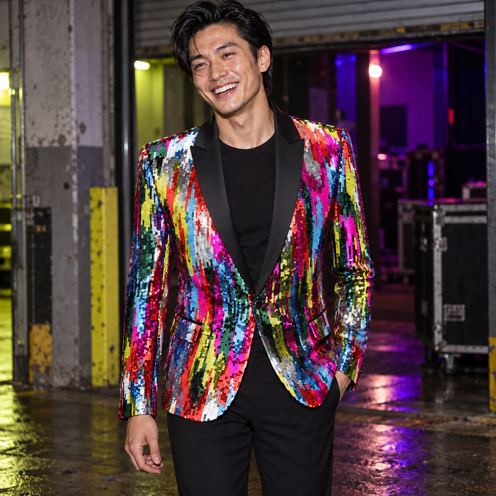 Acid Spectrum Sparkle Night Club Men's Jacket in Single design, styled at a concrete loading-bay entrance after a queer club night.