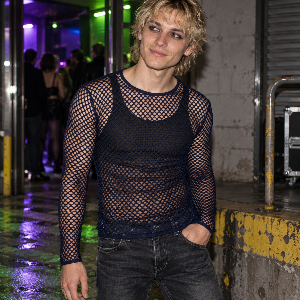 Cutout Mesh Sheer Body Top in Navy Blue, worn at a concrete loading-bay entrance after a queer club night.