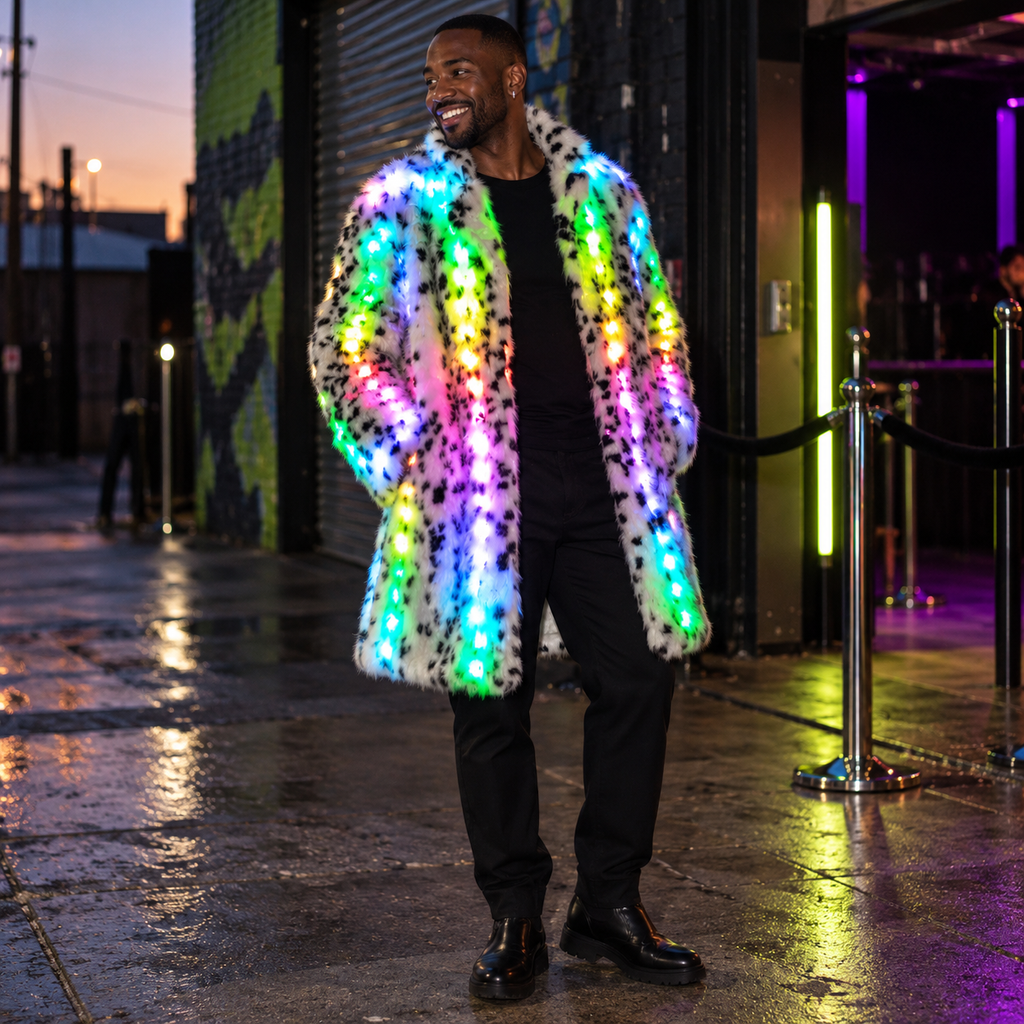 Electric Trash LED Faux Fur Rave Coat, styled at a dawn-lit city pavement outside a warehouse venue.