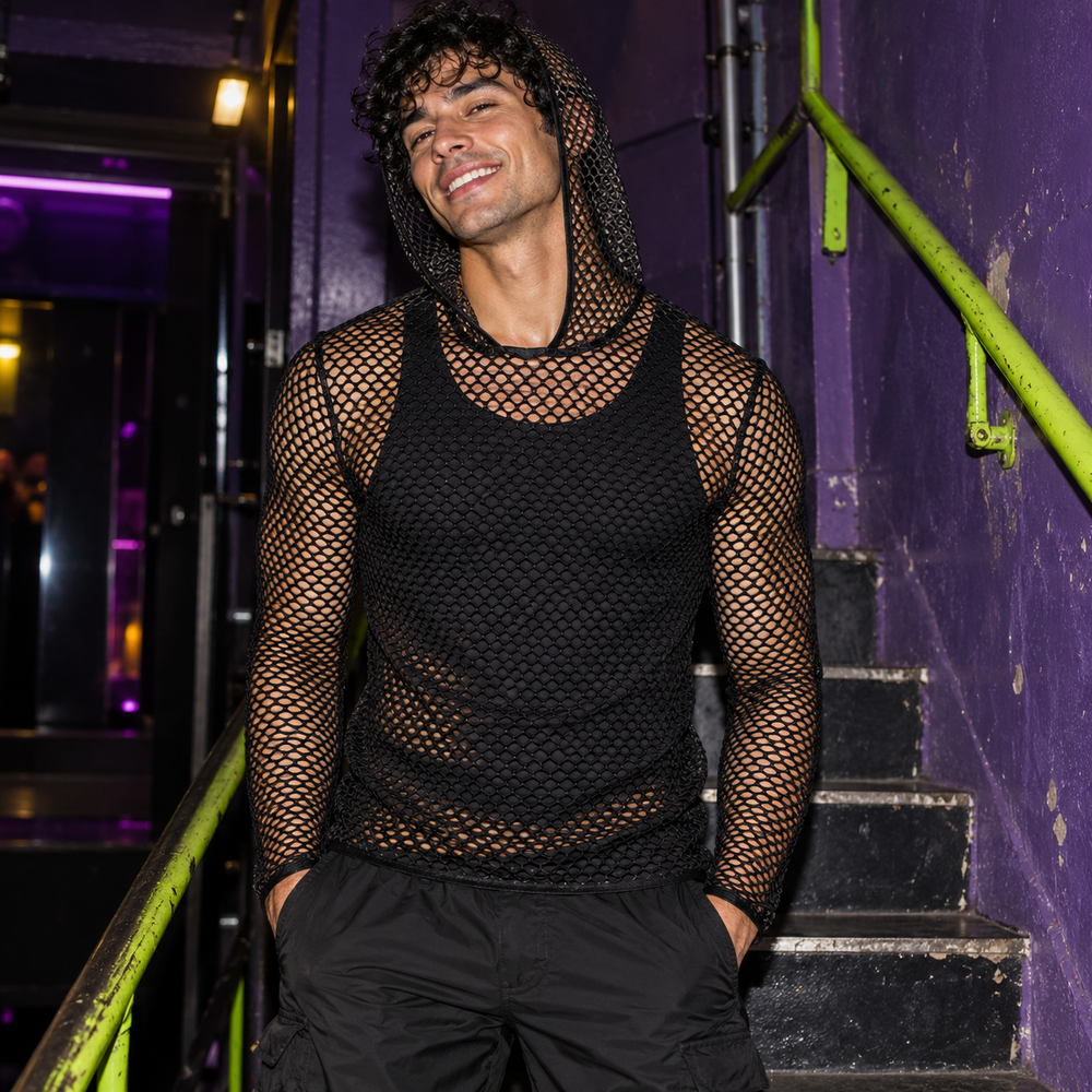 Hooded Long Sleeve Muscle Transparent Tee in Black, styled at a violet-painted staircase with a narrow lime handrail.