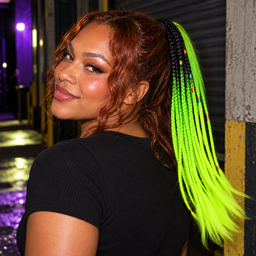 Neon Siren Cutout Rave Bodysuit in Acid Hair Extension, styled at a concrete loading-bay entrance after a queer club night.