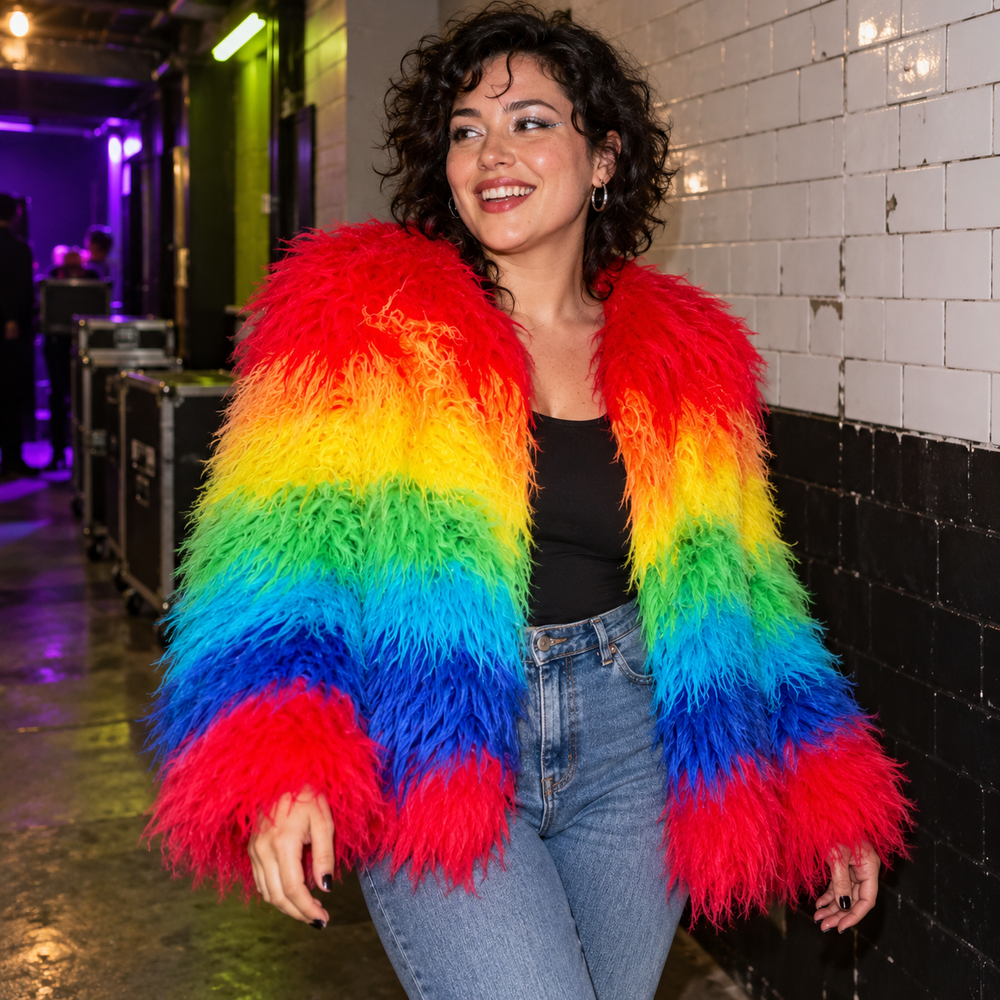 Opulent LGBT Rainbow Luxe Coat in Single design, styled at a white-tiled hallway behind an underground venue.