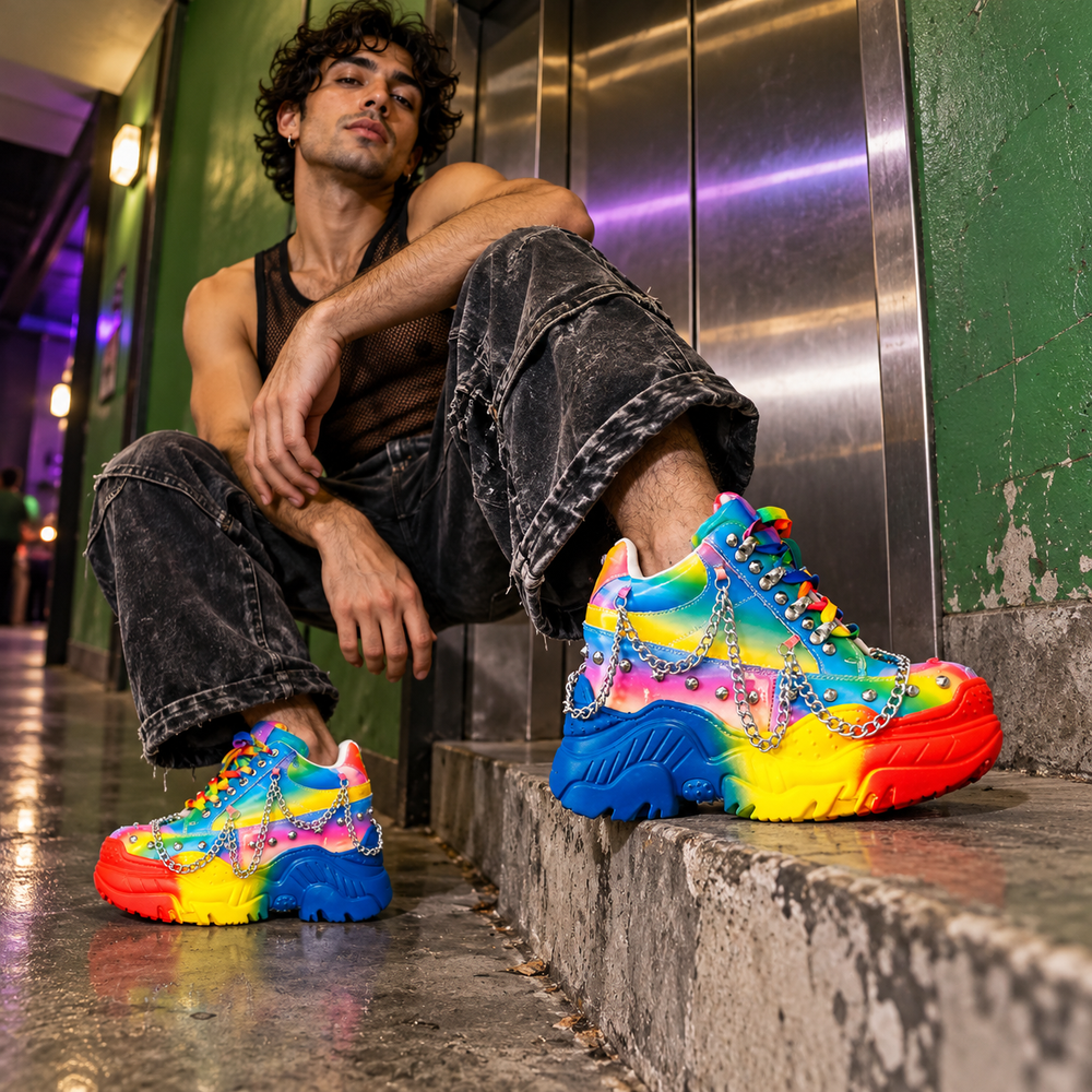 Spike Studded Acid Rainbow Sneakers, worn at a scratched steel lift lobby with a green-painted wall.