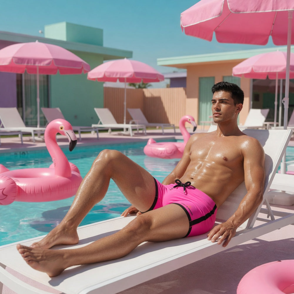 Model reclining on a pool lounger in bright pink swim shorts with black trim