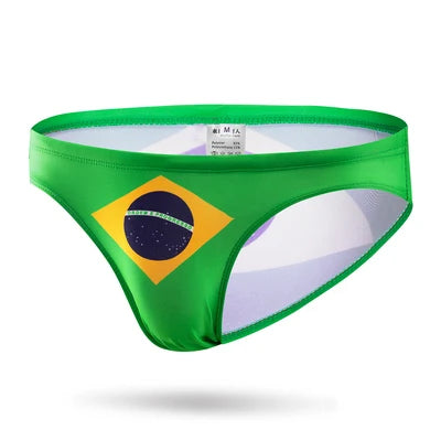Green Brazil flag swim briefs shown from the front, with white lining visible at the waistband and leg openings
