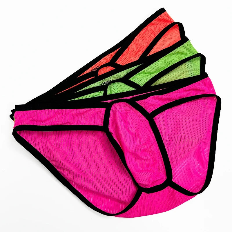 Stack of neon pink, green, and coral mesh men's briefs with black trim, shown from the front