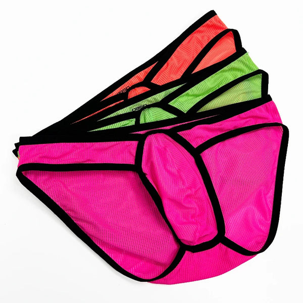 Stack of neon pink, green, and coral mesh men's briefs with black trim, shown from the front