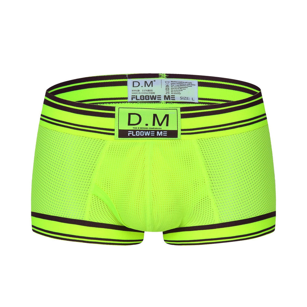 Front view of fluorescent green mesh boxer briefs with black-striped trim and a D.M label