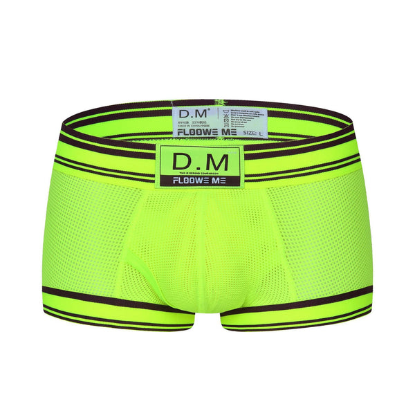 Front view of fluorescent green mesh boxer briefs with black-striped trim and a D.M label