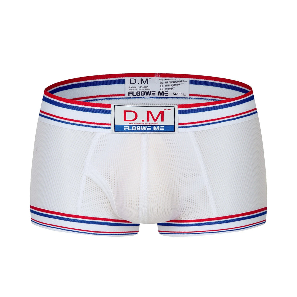 Front view of white mesh boxer briefs with red-and-blue striped waistband and leg bands