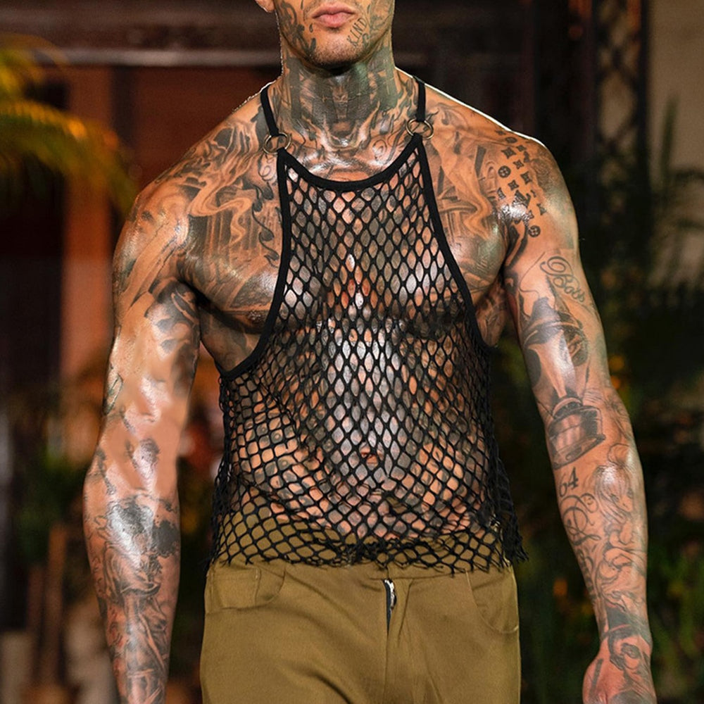 Front view of a tattooed model wearing a black fishnet halter tank top
