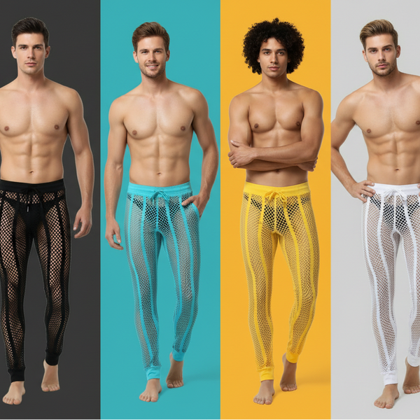 Four shirtless models wearing black, turquoise, yellow, and white fishnet lounge pants