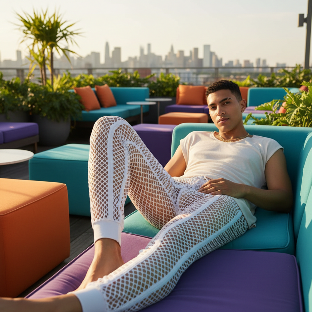 Model reclining on a rooftop lounge chair in white fishnet pants and a white T-shirt