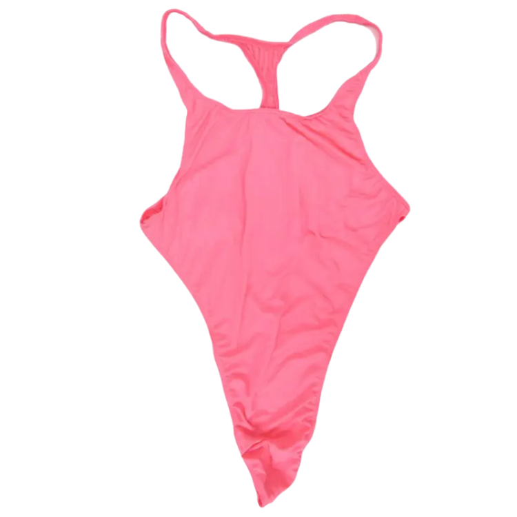 Flat-lay rear view of a bright pink thong bodysuit with thin racerback straps