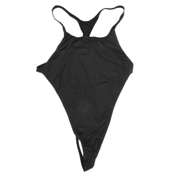 Flat-lay view of a black high-cut thong bodysuit with thin racerback straps