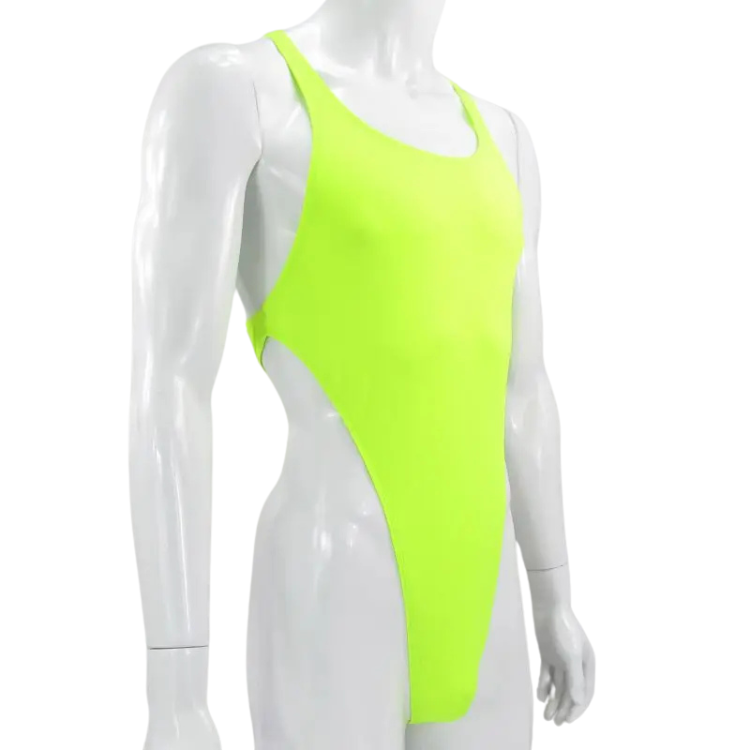 Front three-quarter view of a white mannequin wearing a neon yellow-green high-cut bodysuit