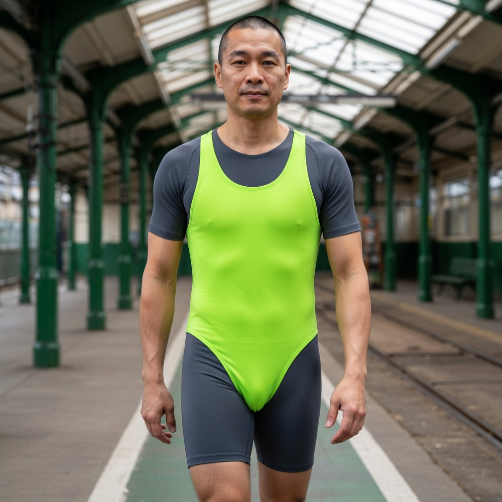 Bright Lights Big Package Men's Neon Bodysuit in Green, styled on an adult model at a restored tram depot with green steel columns, overhead cables and broad frosted roof panels.