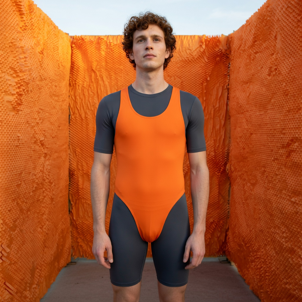 Bright Lights Big Package Men's Neon Bodysuit in Orange, styled on an adult model at a temporary pavilion made from orange paper honeycomb walls, with neutral flooring and a low evening sky.