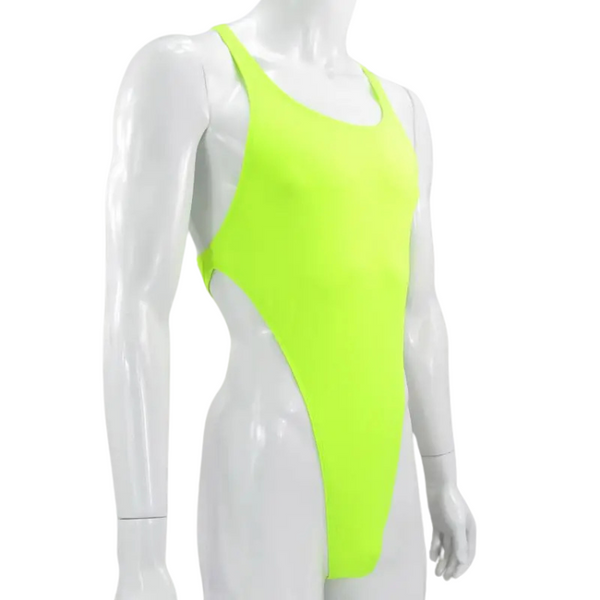 Front three-quarter view of a white mannequin wearing a neon yellow-green high-cut bodysuit