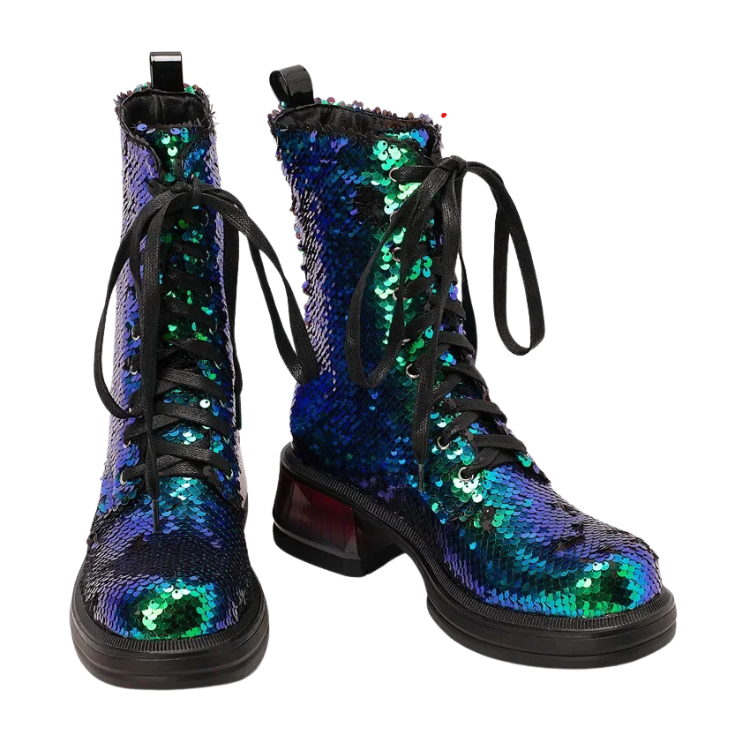 Pair of black combat boots covered in shimmering blue and green sequins