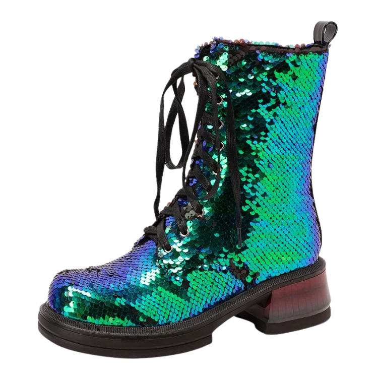 Side view of a black-laced combat boot covered in shimmering blue-green sequins