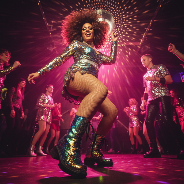 Performer in glittering sequin combat boots dancing on a lit stage