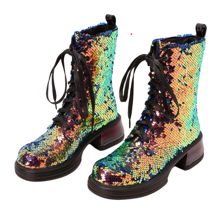 Pair of black-laced combat boots covered in multicolored sequins, shown at an angle