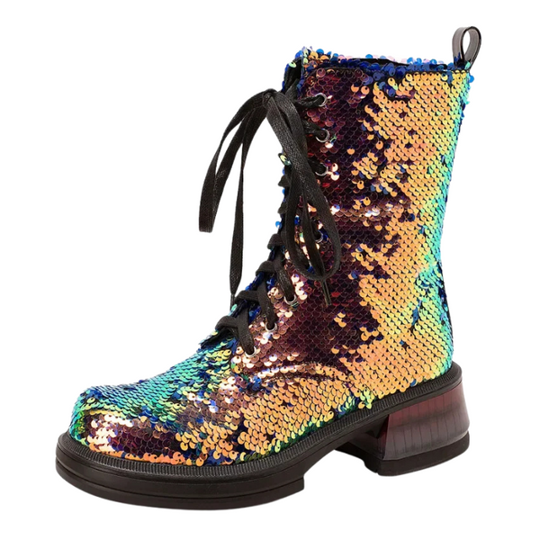 Side view of a multicolored sequin combat boot with black laces and a low block heel