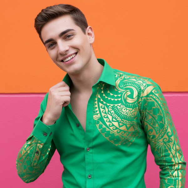 Smiling model in a green button-up shirt with ornate gold patterns