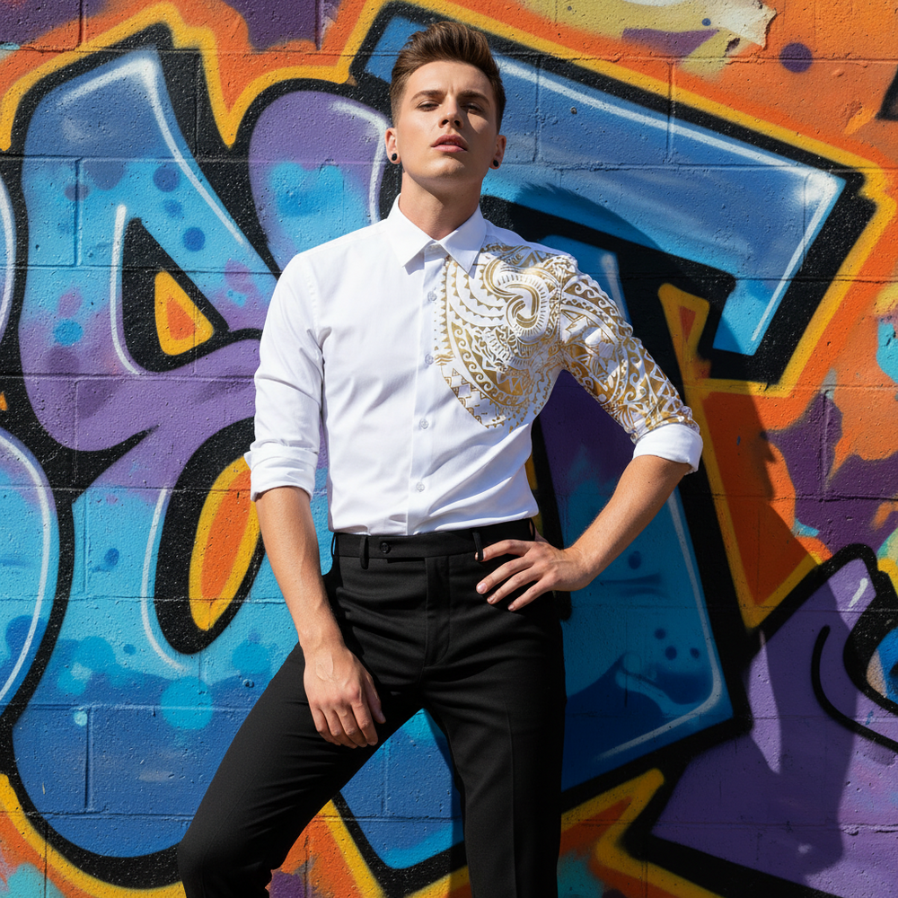 Model wearing a white long-sleeve shirt with ornate gold detailing on one side