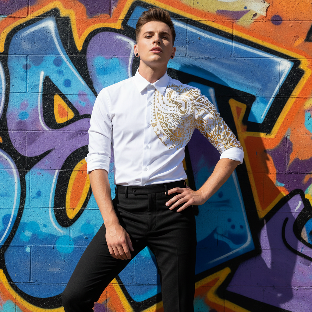 Model wearing a white long-sleeve shirt with ornate gold detailing on one side