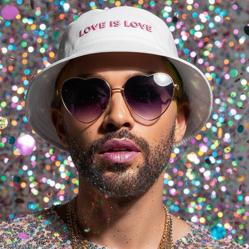 Love Is Love bucket hat worn by a bearded cutie with glitter makeup, sparkly lips, heart sunglasses, and confetti background.