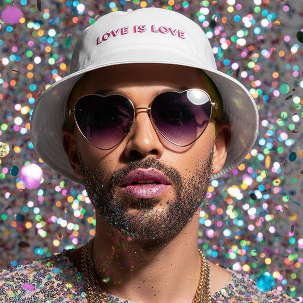 Love Is Love bucket hat worn by a bearded cutie with glitter makeup, sparkly lips, heart sunglasses, and confetti background.