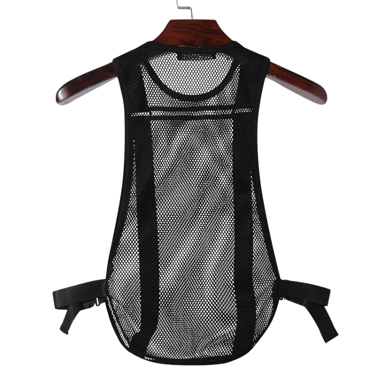 Back view of a black mesh tank top with wide straps and side buckles on a hanger