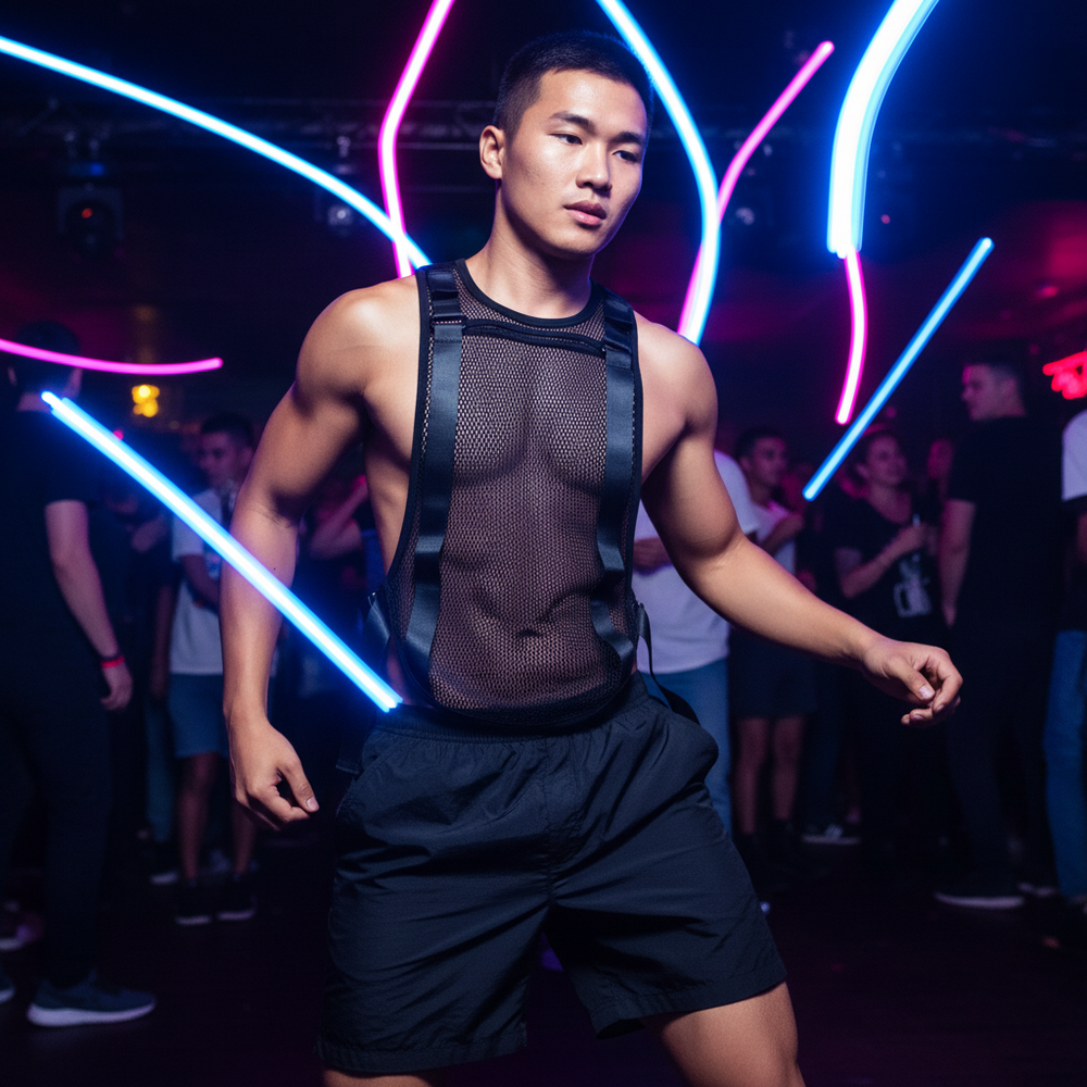 Man in Buckle Up Sexy Rave Mesh Tank Top and black shorts dances at nightclub, neon blue and pink lights curving behind him.