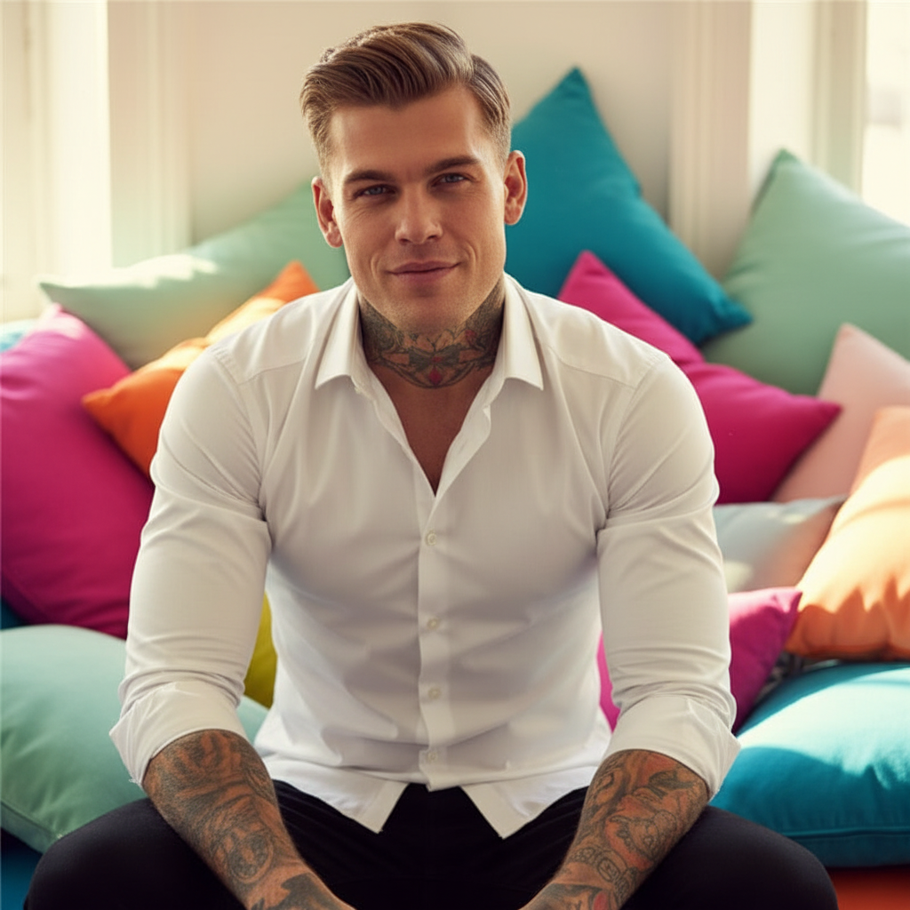 Front-facing person seated among colorful cushions wearing a fitted white long-sleeve shirt