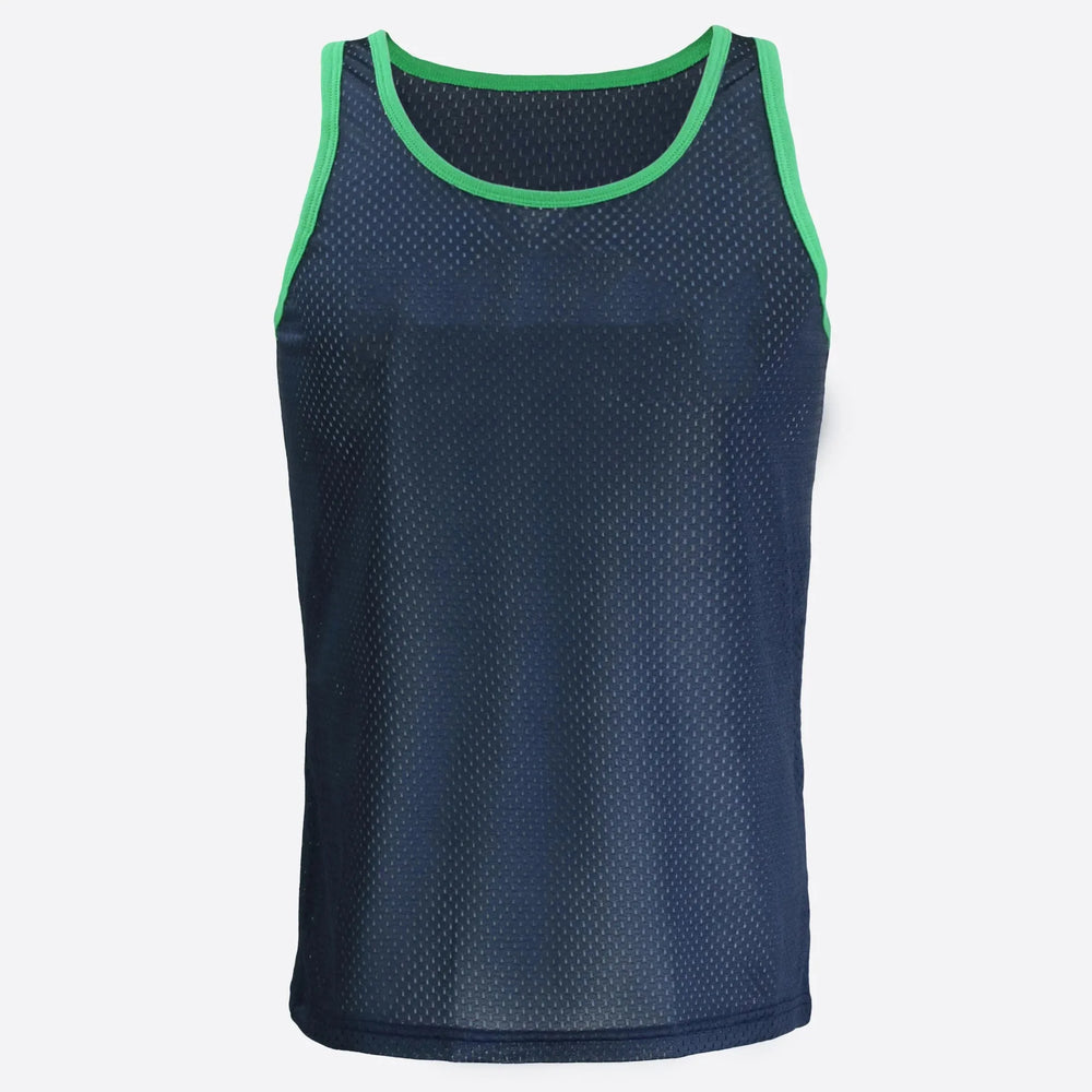 Front view of a navy mesh athletic tank top with bright green trim