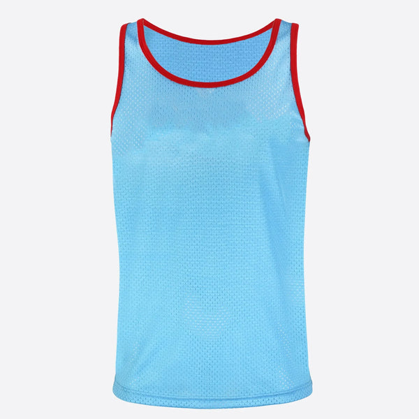 Front-view light blue athletic tank top with red trim and perforated mesh fabric