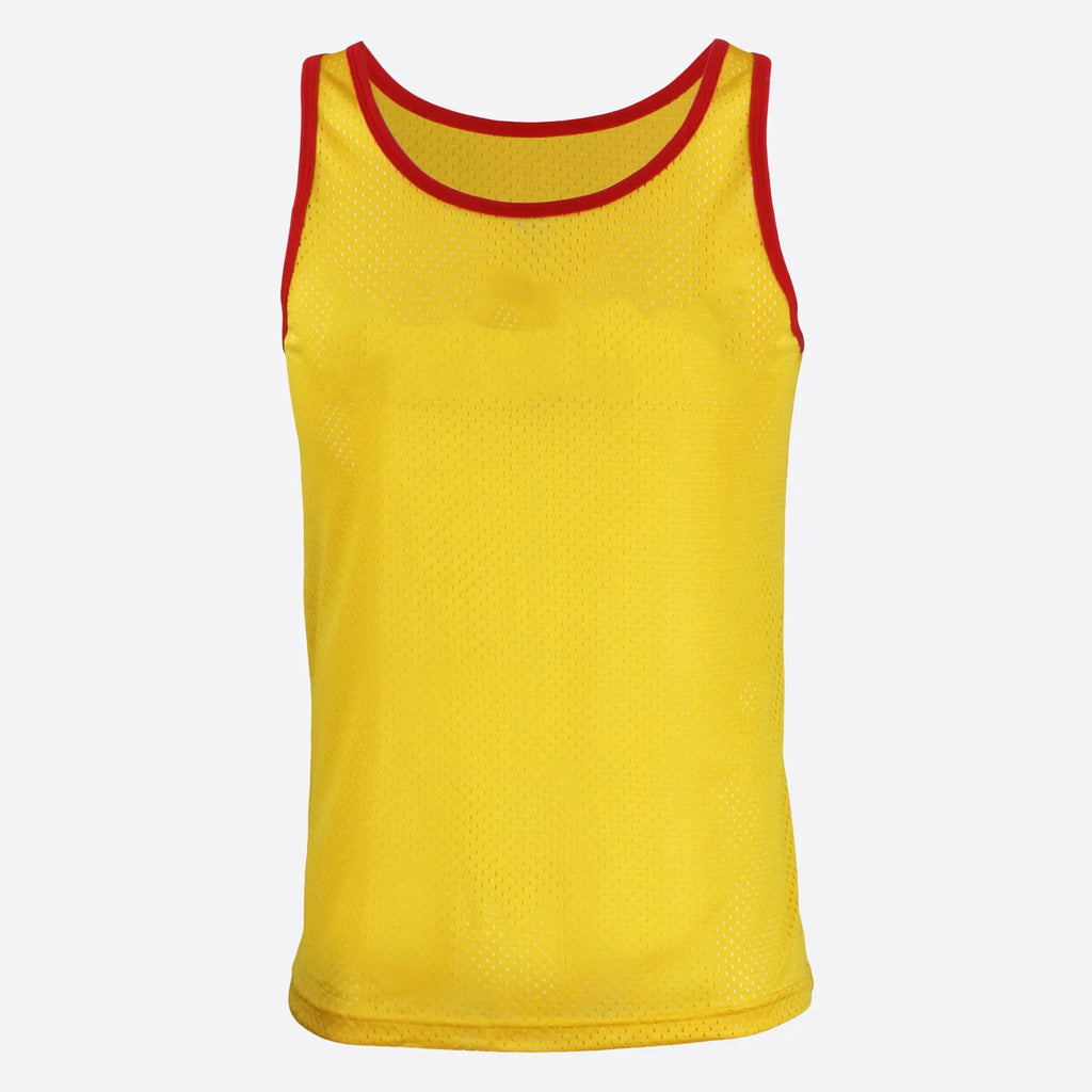 Front view of a yellow mesh athletic tank top with red trim