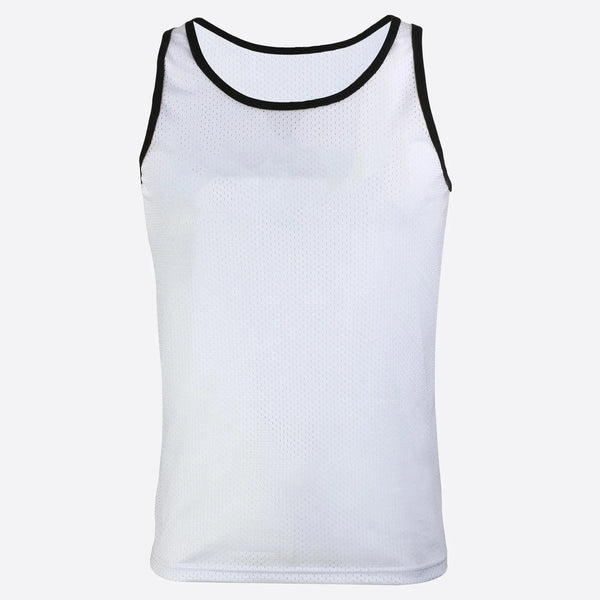 Front view of a white athletic tank top with black trim and perforated fabric