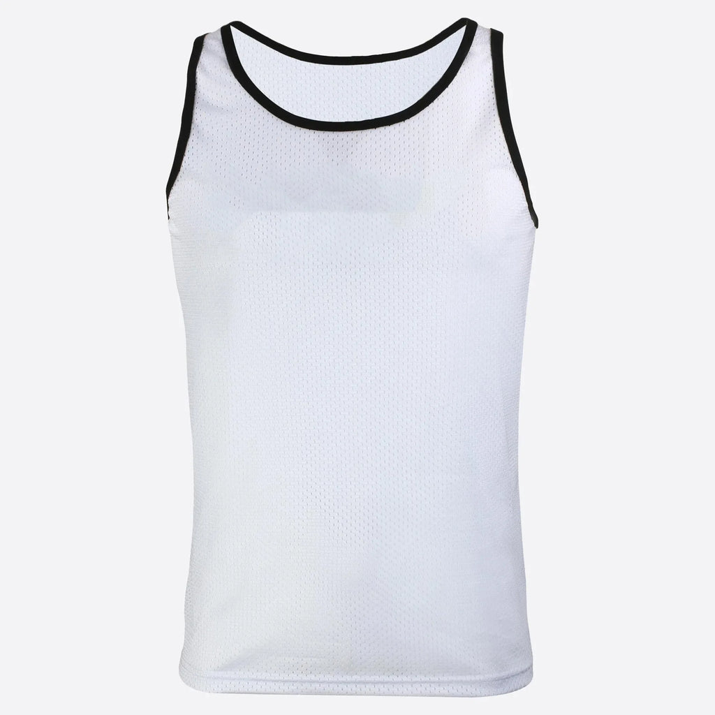 Front view of a white athletic tank top with black trim and perforated fabric