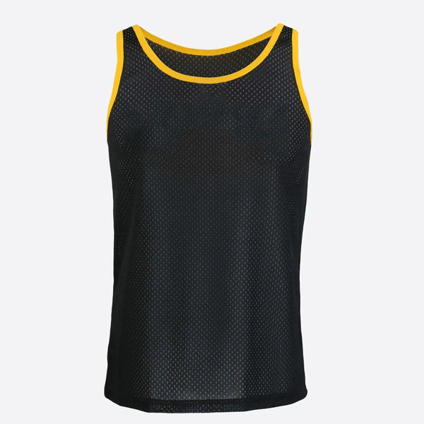 Front view of a black mesh athletic tank top with yellow trim