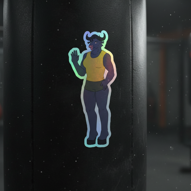Bull Dyke holographic sticker featuring a blue-skinned, horned masc queer figure in a yellow tank and shorts