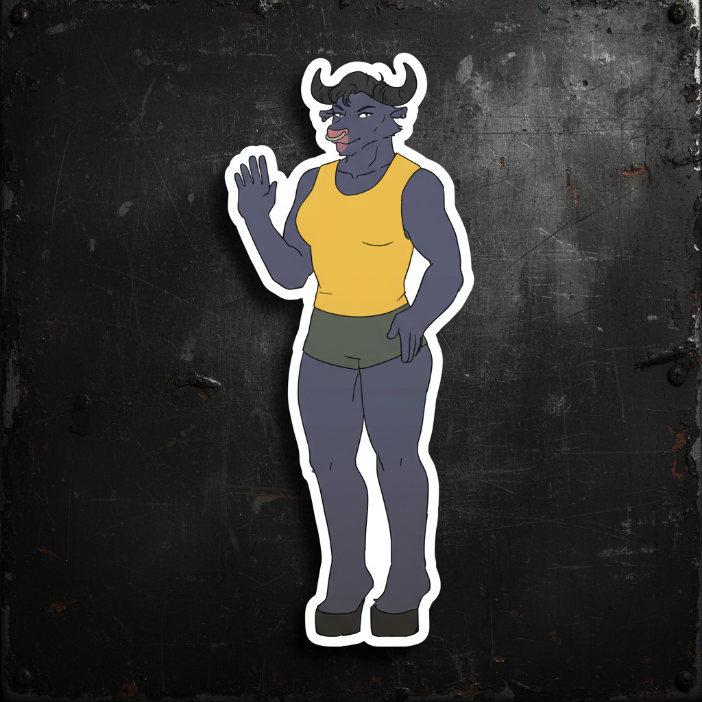 Bull Dyke Magnet featuring a waving cartoon buffalo in dark gray fur, yellow tank top
