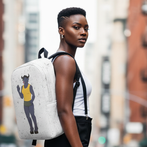 Bull Dyke Minimalist Backpack with a horned figure in yellow tank and gray pants, worn by a queer femme outdoors