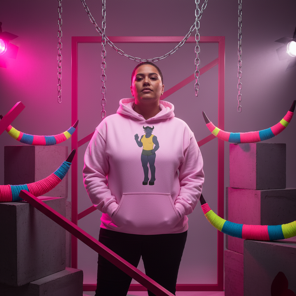 Front-facing person wears a pink hoodie with a cartoon minotaur graphic