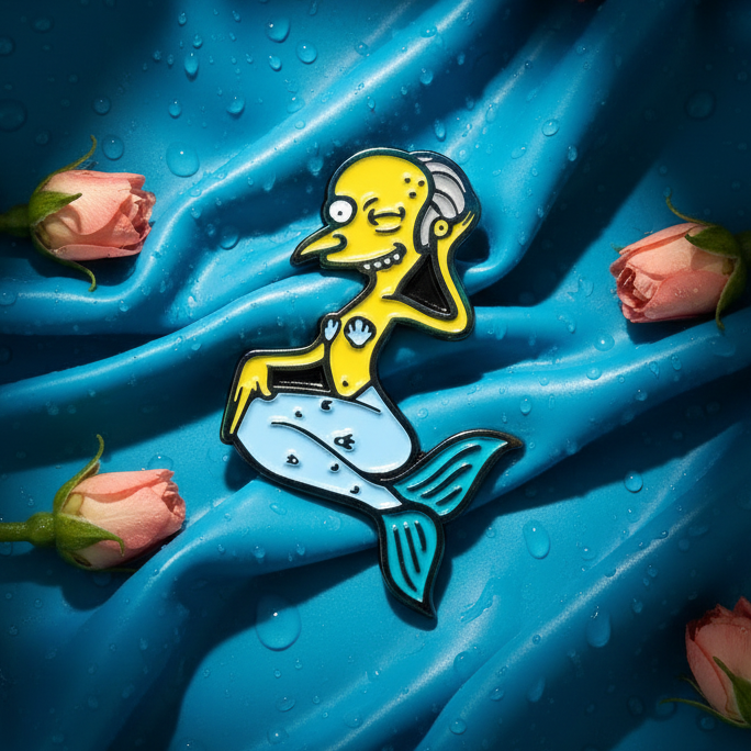 Mermaid Mr. Burns enamel pin on blue satin, surrounded by pink rosebuds