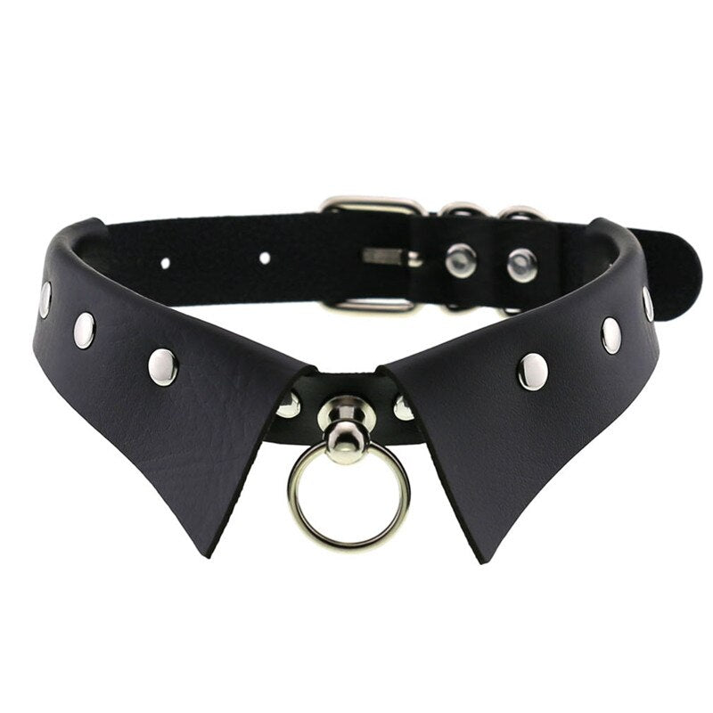 Black faux-leather bow-tie collar with silver studs, buckle, and front O-ring